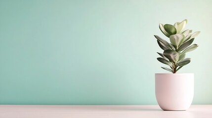 Poster - Elegant indoor plant in modern white pot against soothing mint green wall : Generative AI