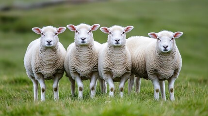 Poster - Closeup view of four cute sheep standing together in green grass pasture : Generative AI