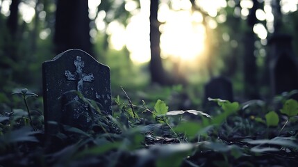 Poster - Ancient gravestone partially covered by foliage in a forest during sunset creating an eerie yet magical atmosphere : Generative AI