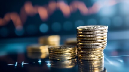 Aufkleber - Stack of golden coins with financial graphs in the background : Generative AI