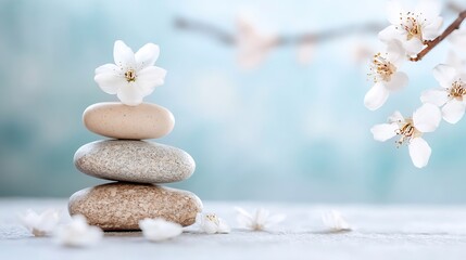 Aufkleber - Stacked Smooth Stones with Delicate White Flowers Creating a Serene Atmosphere : Generative AI