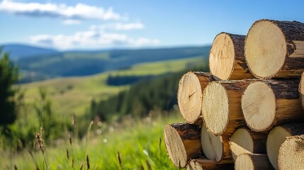 Aufkleber - Stack of cut logs with their natural rings visible set against a backdrop of rolling hills and blue sky : Generative AI