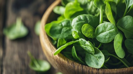 Poster - Fresh Organic Spinach Leaves in Wooden Bowl Captured in Natural Light for Healthy Eating : Generative AI
