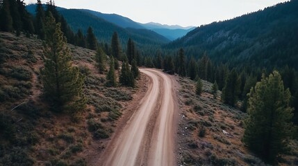 Poster - Winding dirt road through a lush forest filled with tall evergreen trees and mountain backdrop : Generative AI