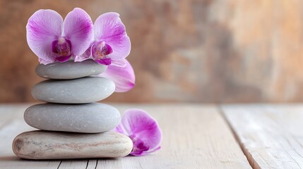 Aufkleber - Elegant stacked stones adorned with vibrant pink orchids on a rustic wooden surface : Generative AI