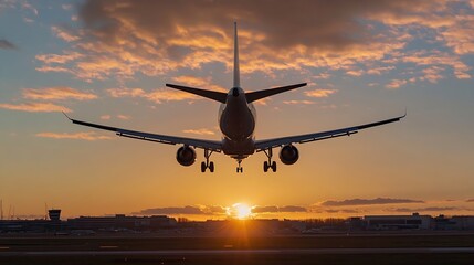 Poster - Airplane Taking Off at Sunset Over an Urban Airport with Dramatic Sky Colors : Generative AI