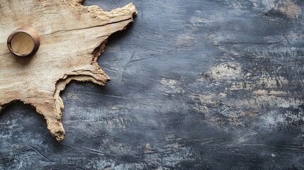 Poster - Natural wood slice and cup on rustic stone background creating an organic aesthetic : Generative AI