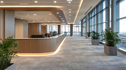 Poster - Spacious Modern Office Interior Design Featuring Minimalist Reception Area and Bright Natural Light : Generative AI