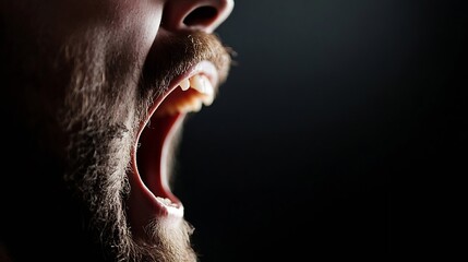 Poster - Intense closeup of a man passionately yawning showcasing the power of human expression in low lighting : Generative AI