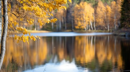 Poster - Calm reflective lake surrounded by autumn trees showcasing seasonal colors : Generative AI