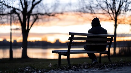 Aufkleber - Lonely Figure on a Park Bench Watching a Beautiful Sunset Over a Calm Lake : Generative AI