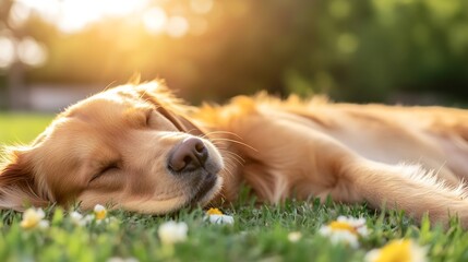Aufkleber - Golden Retriever Dog Peacefully Sleeping on the Grass Surrounded by Flowers in a Sunlit Park Setting : Generative AI
