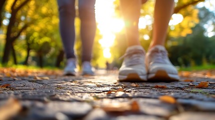 Poster - Close Up of Sneakers on a Path Surrounded by Autumn Trees and Golden Sunlight : Generative AI