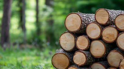 Aufkleber - Stack of freshly cut logs ready for use in a lush green forest : Generative AI