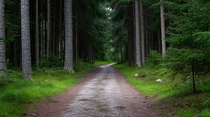 Poster - Serene Nature Pathway Surrounded by Tall Trees in Lush Green Forest : Generative AI