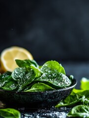 Poster - Fresh Green Spinach Leaves in a Dark Bowl with a Lemon in the Background : Generative AI