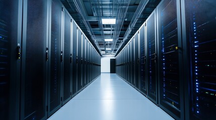 Poster - Inside a modern data center with rows of servers illuminating the high tech landscape : Generative AI