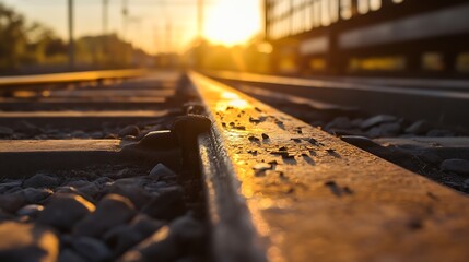 Poster - Golden Sunset Over Train Tracks Captured in Close Up Perspective : Generative AI