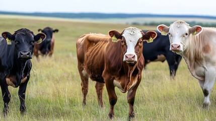 Poster - A group of curious cows exploring a vast green pasture under a clear blue sky : Generative AI