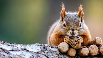 Poster - Cute and playful squirrel perched on a tree stump surrounded by nuts in a vibrant natural setting : Generative AI