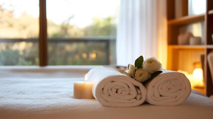 Poster - Luxurious spa setting with rolled towels flowers and a calming candle light atmosphere : Generative AI