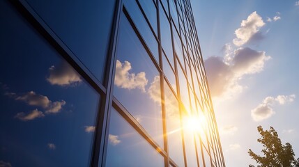 Aufkleber - Modern Glass Building Facade Reflecting Sunlight and Blue Clouds on Bright Day : Generative AI