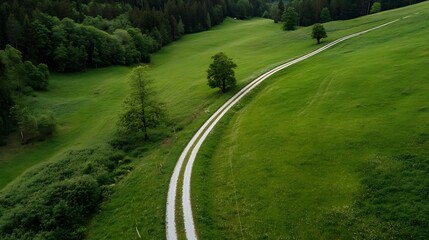 Poster - Winding dirt road cutting through a lush green meadow surrounded by trees and serene landscape : Generative AI