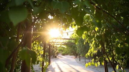 Poster - Sunlight streaming through leafy trees creating a serene pathway illuminated by nature's glow : Generative AI