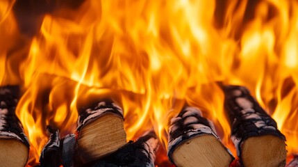 Aufkleber - Close Up of Burning Logs with Bright Flames Captured in a Warm and Inviting Scene : Generative AI