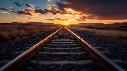 Aufkleber - Stunning sunset landscape featuring railway tracks stretching into the horizon under a dramatic sky : Generative AI