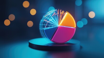 Poster - vibrant and modern 3d pie chart showcasing data analytics in a captivating neon style. perfect for p