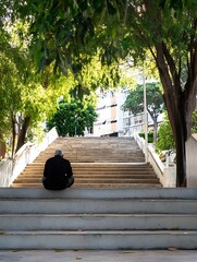 Poster - Elderly man sitting on stairs in a lush green park creating a serene moment of reflection : Generative AI