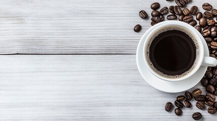 Poster - Aromatic black coffee cup surrounded by roasted coffee beans on a light wooden surface : Generative AI