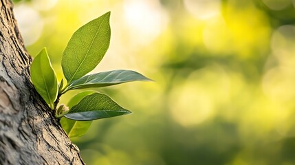 Aufkleber - Fresh green leaves sprouting from a tree branch in soft natural sunlight : Generative AI