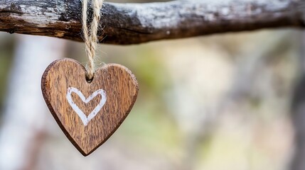Poster - A rustic wooden heart ornament hanging from a branch evoking feelings of love and connection in a natural setting : Generative AI
