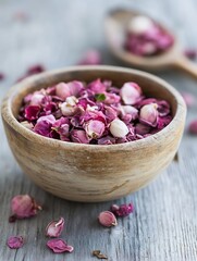 Poster - Dried Pink Rose Petals Nestled in a Wooden Bowl Surrounded by Rustic Charm : Generative AI