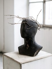Aufkleber - Artistic sculpture head created from dark material and adorned with natural branches as a unique feature : Generative AI