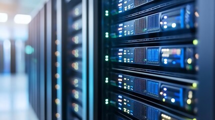 Fototapete - Hightech server room showcasing a row of powerful data servers with glowing indicators : Generative AI