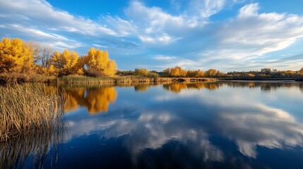 Poster - Scenic Autumn Reflections on a Calm Lake Surrounded by Golden Trees Under a Blue Sky : Generative AI