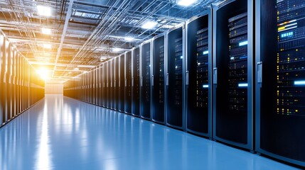 Poster - Futuristic Data Center Aisle with Rows of Servers and Bright Light Leaking Through the Ceiling : Generative AI