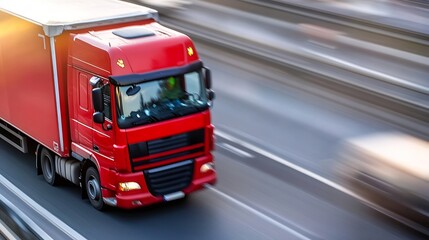 Aufkleber - Fast moving red delivery truck on a busy highway during the golden hour : Generative AI