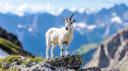 Poster - Majestic mountain goat standing proudly on rocky terrain with breathtaking mountainous landscape in the background : Generative AI