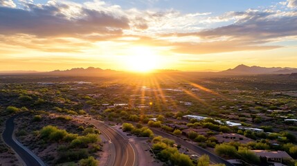 Poster - Stunning sunset over a sprawling desert landscape with mountains and streets illuminated by golden rays of sunlight : Generative AI