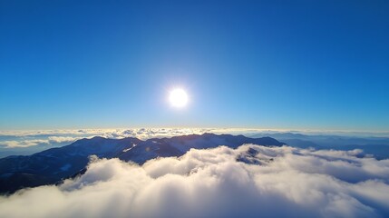 Poster - Breathtaking view from above the clouds with sun shining over majestic mountain peaks : Generative AI