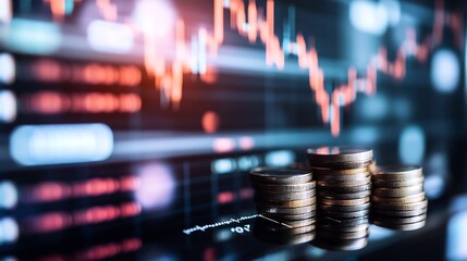 Poster - Stacks of coins on stock market background showcasing financial growth and investment trends with digital charts : Generative AI