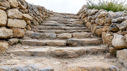 Poster - Stone Steps Leading Upward Surrounded by Ancient Walls and Nature : Generative AI