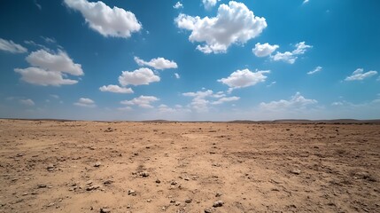 Poster - Expansive Desert Landscape Under Vibrant Blue Sky with Fluffy White Clouds Natural Background : Generative AI