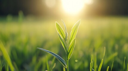 Poster - Delicate green sprout emerging under the sunlight in a peaceful grassy field : Generative AI