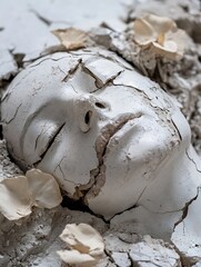 Aufkleber - Artistic closeup of a cracked white sculpture face surrounded by delicate flower petals on a textured surface : Generative AI