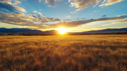 Poster - Golden sun rising over a vast field of grass under an expansive sky filled with clouds : Generative AI
